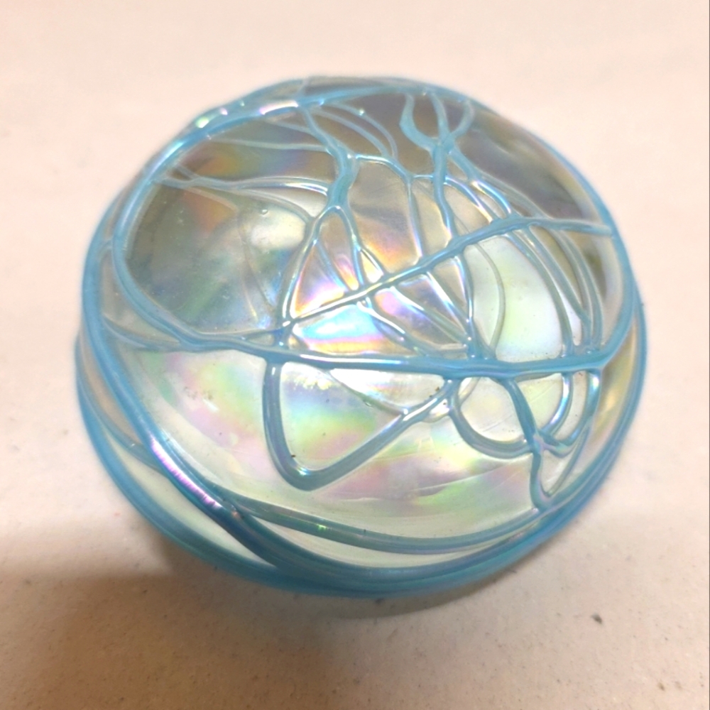 Vintage Levay Art Blown Glass Signed Iredescent Threaded Paperweight